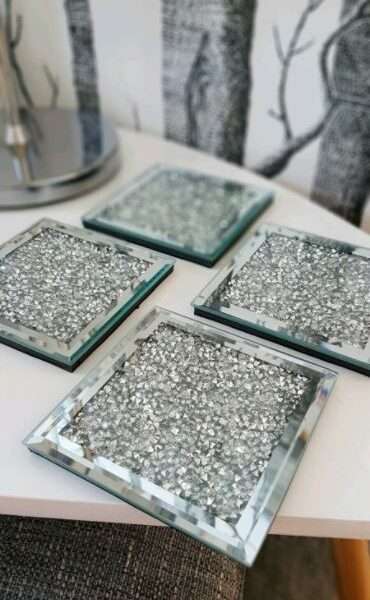 Modern Jewel Crystal Glass Mirror Coaster Glitter Crushed Diamante Set of 4