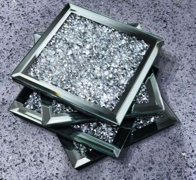 Modern Jewel Crystal Glass Mirror Coaster Glitter Crushed Diamante Set of 4