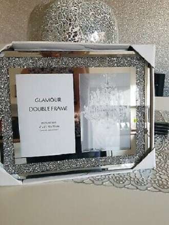EagleWiz Silver Crush Crystal Double Photo Frame Diamante Mirrored Reflective Glass