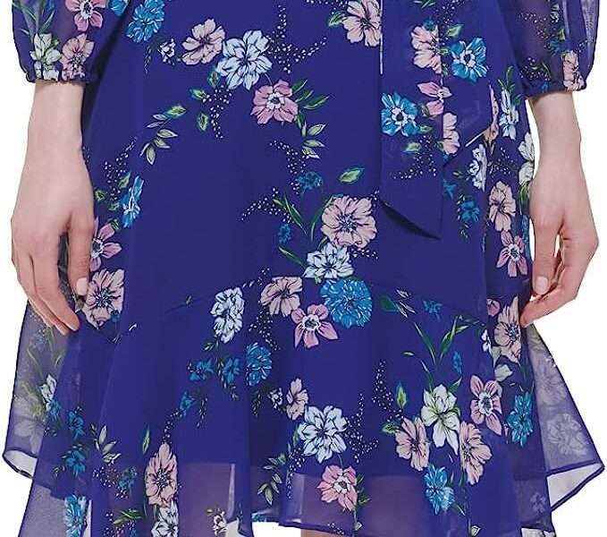 Jessica Howard Women's Style Hankerchief Hem Wrap 3/4 Sleeve Printed Chiffon