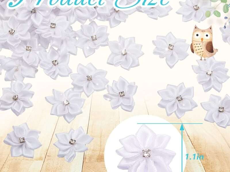 100 Pcs Satin Ribbon Flowers Bows Rhinestone Appliques 1.1 Inch DIY Mini Flowers Tiny Flower Applique Ribbon Flowers for Wedding Party Supply Home Decor Craft Embellishment (White)