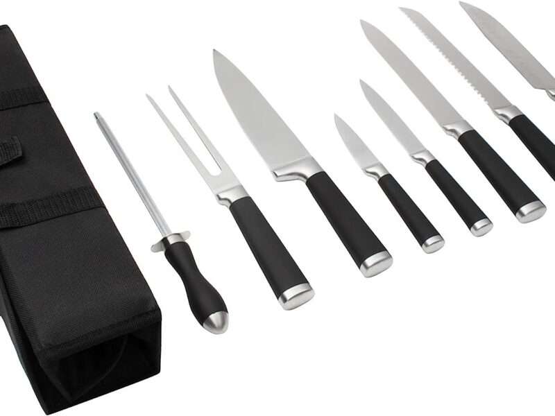9-Piece Kitchen Knife Set in Carry Case - Ultra Sharp Chef Knives with Ergonomic Handles - Professional Japanese Chef's Knife Set with Paring, Carving, Bread, Santoku, Utility Knives, Fork, Sharpener