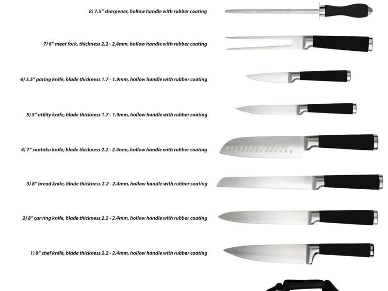 9-Piece Kitchen Knife Set in Carry Case - Ultra Sharp Chef Knives with Ergonomic Handles - Professional Japanese Chef's Knife Set with Paring, Carving, Bread, Santoku, Utility Knives, Fork, Sharpener