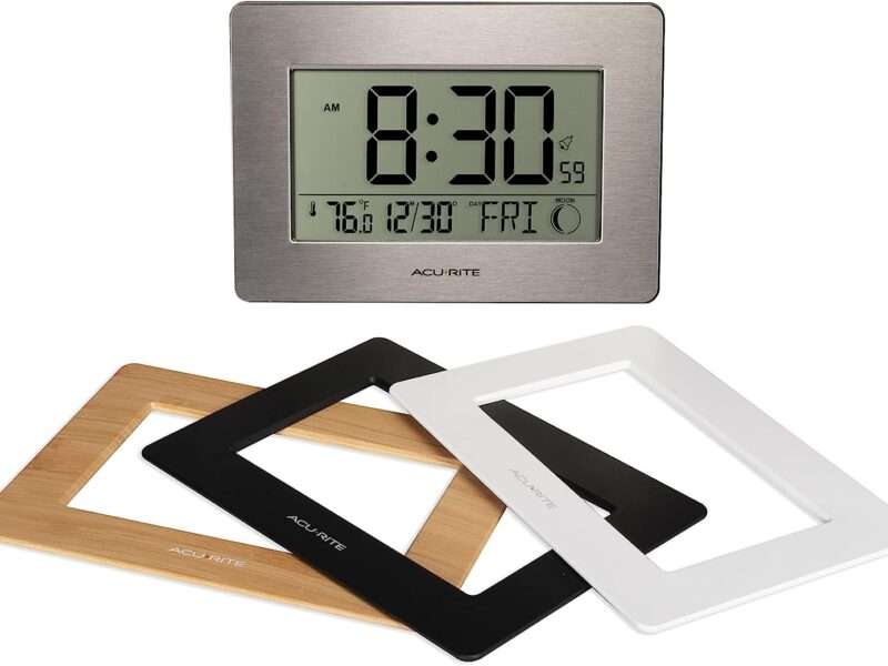 AcuRite Wireless Digital Wall/Tabletop Clock with 4 Interchangeable Plastic Frames - Stainless Steel, Bamboo, Matte Black, and Matte White – with Date, Indoor Temperature, and Moon Phase (75439)