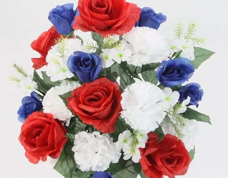 Admired By Nature ABN1B018-RD-WT-BL Artificial Spring Flower Bush 24 Stem Rose/Carnation Patriotic Flower Mixed Bush, Red White and Blue