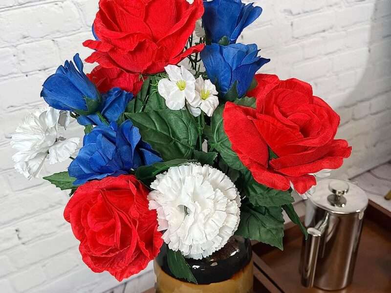 Admired By Nature ABN1B018-RD-WT-BL Artificial Spring Flower Bush 24 Stem Rose/Carnation Patriotic Flower Mixed Bush, Red White and Blue