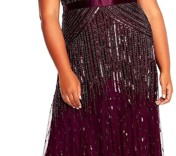 Adrianna Papell Evening Child Code Women's Plus Size Floor Length Beaded Cap Sleeve V-Neck Dress