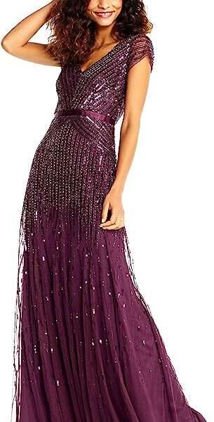 Adrianna Papell Women's Long Beaded V-Neck Dress with Cap Sleeves and Waistband