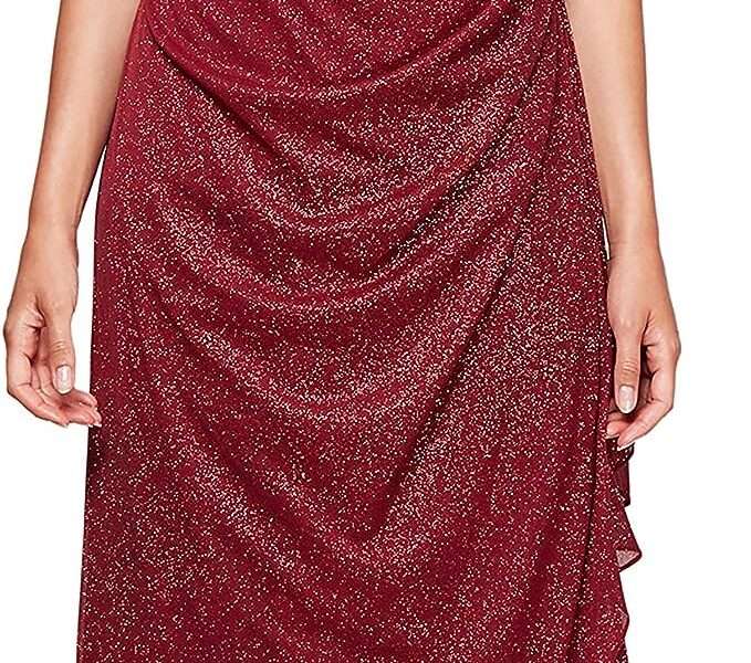 Alex Evenings Women's Long Glitter Mesh Cold Shoulder Dress (Petite and Regular)