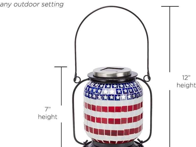 Alpine Corporation SLL2224SLR Alpine 7" Tall Hanging Solar Powered Patriotic Lantern with LED Outdoor Lighting, Red, White and Blue