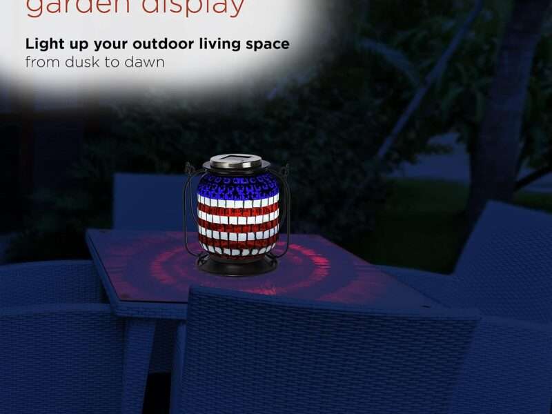 Alpine Corporation SLL2224SLR Alpine 7" Tall Hanging Solar Powered Patriotic Lantern with LED Outdoor Lighting, Red, White and Blue