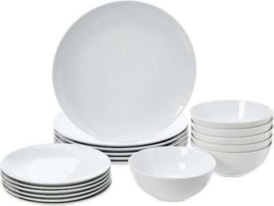 Amazon Basics 18-Piece Kitchen Dinnerware Set, Plates, Dishes, Bowls, Service for 6, White Porcelain Coupe