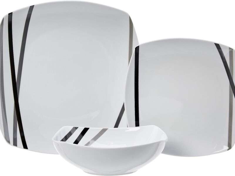 Amazon Basics 18-Piece Kitchen Dinnerware Set - Square Plates, Bowls, Service for 6 - Modern Beams