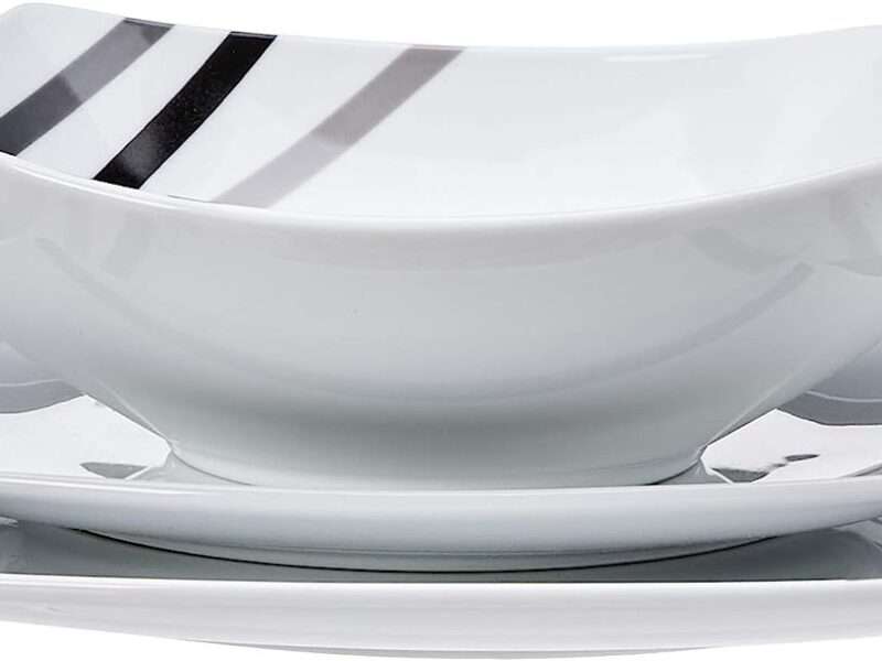 Amazon Basics 18-Piece Kitchen Dinnerware Set - Square Plates, Bowls, Service for 6 - Modern Beams
