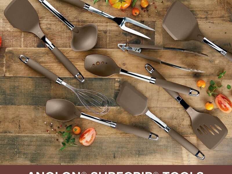 Anolon Tools Set-Nonstick Nylon Cooking Utensils-Kitchen Gadgets Includes Spoons, Turners, Ladle, Meat Fork, Whisk, and Locking Tongs, 10 Piece, Bronze2