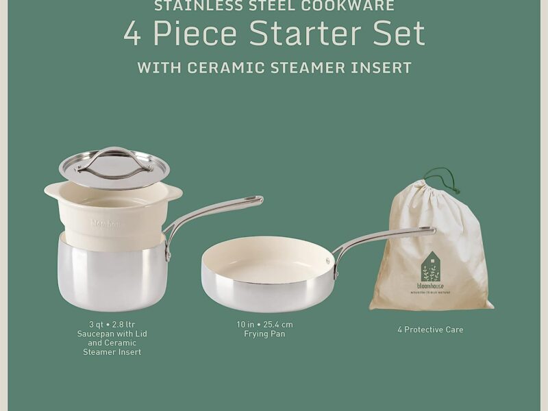 Bloomhouse - Oprah's Favorite Things - 4-Piece Triply Stainless Steel Cookware Set w/Non-Stick Non-Toxic Ceramic Interior and Ceramic Steamer Insert