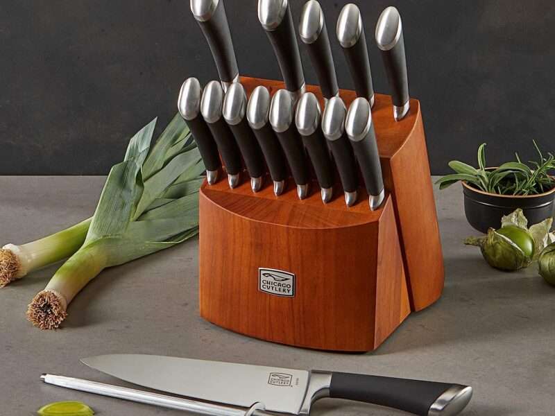 Chicago Cutlery Fusion 17 Piece Kitchen Knife Set with Wooden Storage Block, Cushion-Grip Handles with Stainless Steel Blades that Resists Stains, Rust, and Pitting