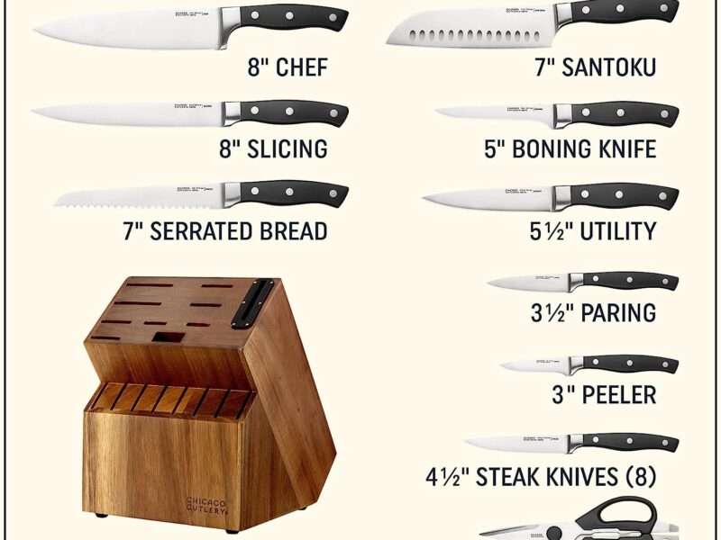 Chicago Cutlery Insignia Triple Rivet Poly (18-PC) Kitchen Knife Block Set With Wooden Block & Built-In Sharpener, Black Ergonomic Handles and Sharp Stainless Steel Professional Chef Knife Set