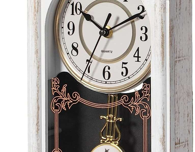 Clockswise Vintage Grandfather Wood-Looking Plastic Pendulum Decorative Battery-Operated Wall Clock Brown, for Office, Home Decor, Living Room, Kitchen, or Dining Room, White