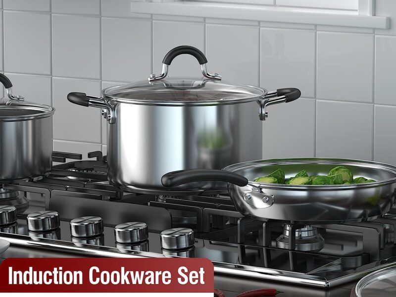 Cook N Home Stainless Steel Cookware Sets 10 Piece, Pots and Pans with Stay-Cool Handles Cooking Set for Kitchen, Dishwasher Safe, Silver
