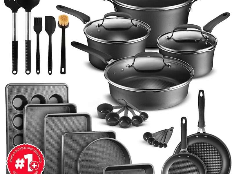 Cookware Set – 23 Piece –Black Multi-Sized Cooking Pots with Lids, Skillet Fry Pans and Bakeware – Reinforced Pressed Aluminum Metal - Suitable for Gas, Electric, Ceramic and Induction by BAKKEN Swiss