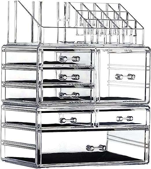 Cq acrylic Makeup Organizer Skin Care Large Clear Cosmetic Display Cases Stackable Storage Box With 7 Drawers For Vanity,Set of 3