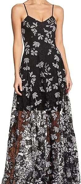 Dress the Population Women's Embellished Plunging Gown Sleeveless Floral Long Dress