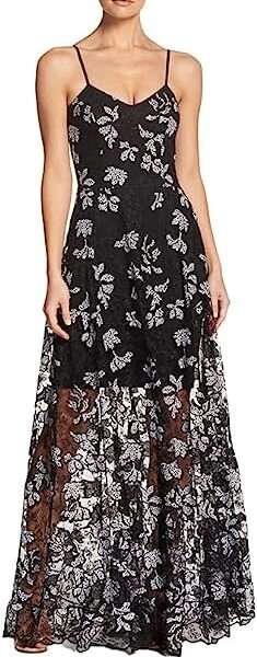 Dress the Population Women's Embellished Plunging Gown Sleeveless Floral Long Dress