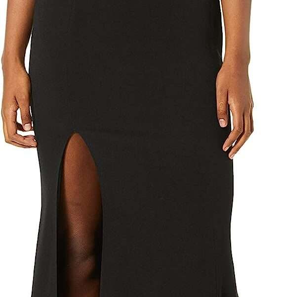 Dress the Population Women's Sandra Plunging Thick Strap Solid Gown with Slit Dress