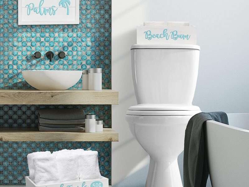 Elegant Designs HG3000-WBH Three Piece Decorative Wood Bathroom Set White Wash Aqua Blue Color Palm Tree Towel and Toilet Paper Storage Crate and Holder, Quote Frame, Coastal/Beach/Large