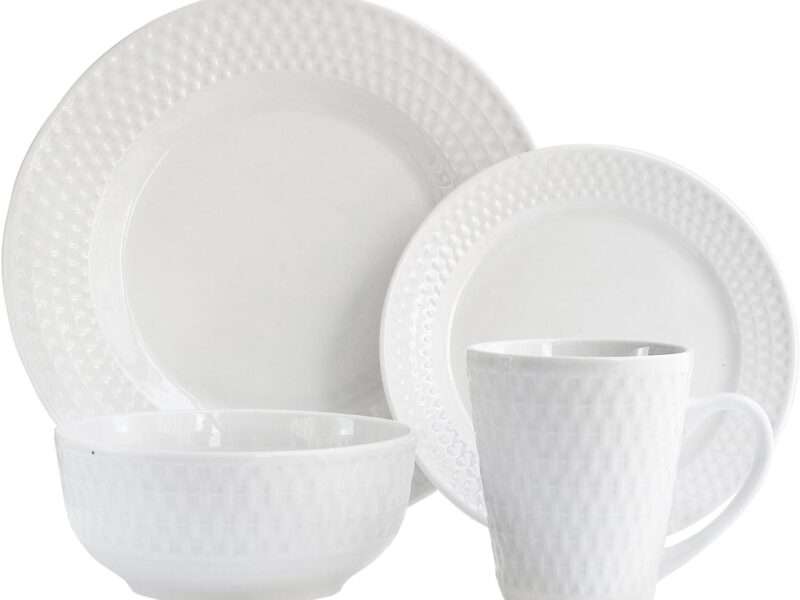 Elle Décor Juliette Round Dinnerware Set – 16-Piece Porcelain Dinner Set w- 4 Dinner Plate, 4 Salad Plates, 4 Bowls & 4 Mugs – Unique Gift Idea Any Special Occasion or Birthday