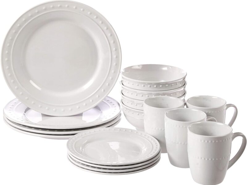Elle Décor Monique Round Dinnerware Set – 16-Piece Porcelain Dinner Set w- 4 Dinner Plate, 4 Salad Plates, 4 Bowls & 4 Mugs – Unique Gift Idea Any Special Occasion or Birthday