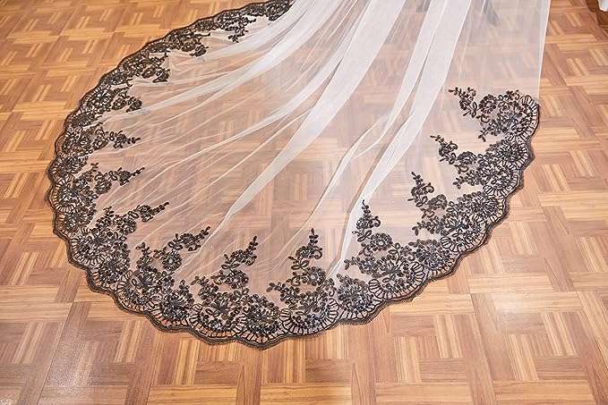 EllieWely 1 T Cathedral Length Black Sequin Lace Wedding Bridal Veil F49