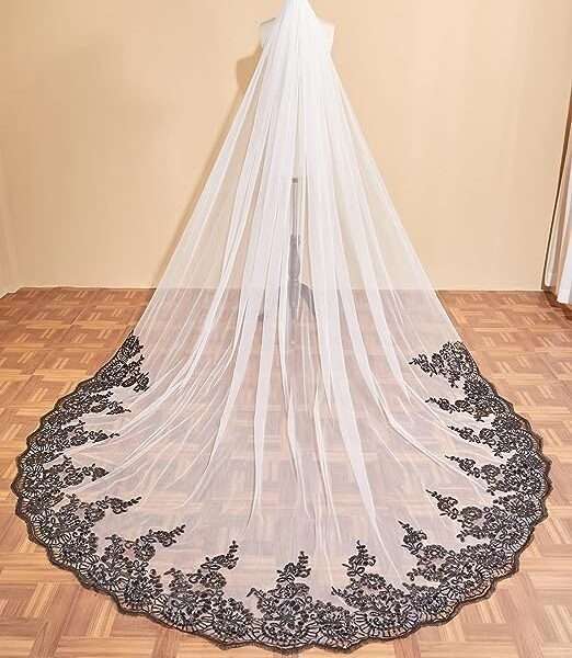 EllieWely 1 T Cathedral Length Black Sequin Lace Wedding Bridal Veil F49