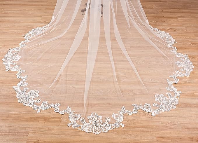 EllieWely 1 T Cathedral Length Floral Lace Appliques Wedding Bridal Veil F11