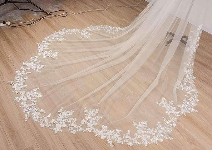 EllieWely 1 T Cathedral Length Floral Lace Wedding Bridal Veil With Metal Comb F20