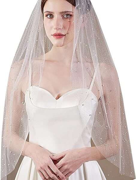 EllieWely 1 Tier Glitter Tulle Pearl Wedding Bridal Veil With Metal Comb F06