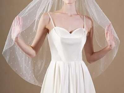 EllieWely 1 Tier Glitter Tulle Pearl Wedding Bridal Veil With Metal Comb F06