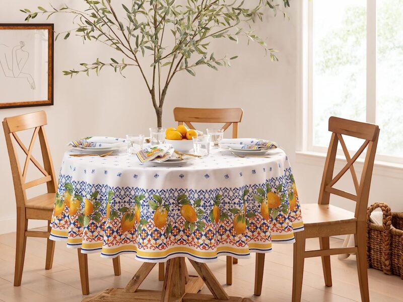 Elrene Home Fashions Capri Lemon Double-Bordered Mediterranean Fabric Tablecloth, Round, 70 inches X 70 inches