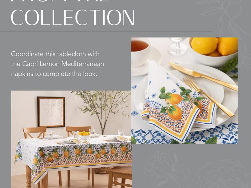 Elrene Home Fashions Capri Lemon Double-Bordered Mediterranean Fabric Tablecloth, Round, 70 inches X 70 inches