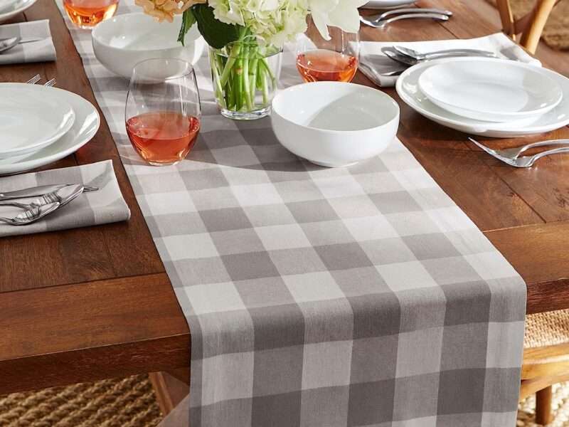 Elrene Home Fashions Farmhouse Living Buffalo-Check Table Runner, Rustic Kitchen and Table Linens, 13 x 70, Gray-White