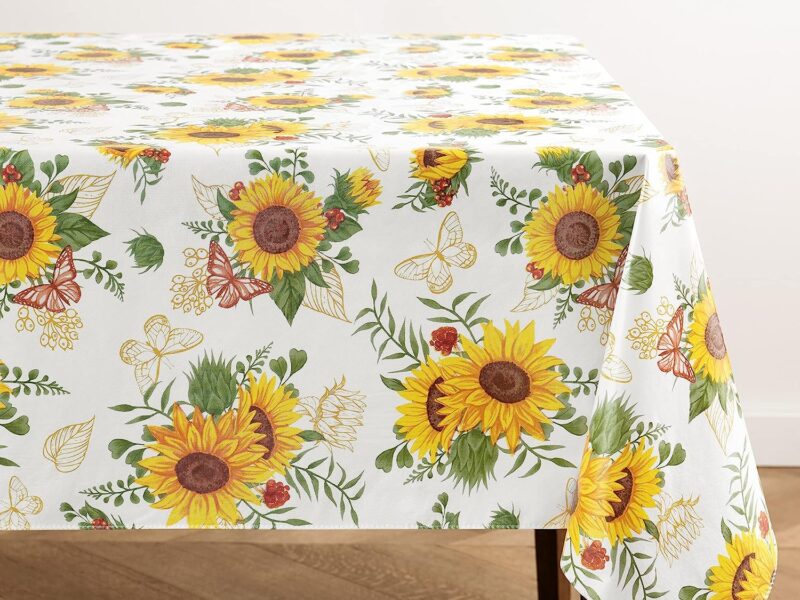 Elrene Home Fashions Sunflower Season Vintage Floral Water- and Stain-Resistant Vinyl Tablecloth with Flannel Backing, 52 Inches X 52 Inches, Square