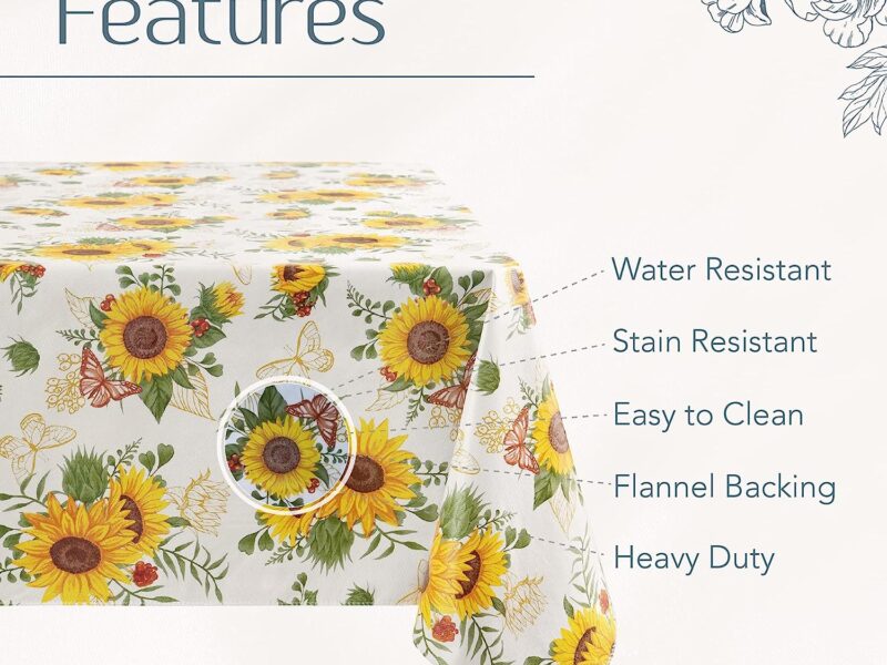 Elrene Home Fashions Sunflower Season Vintage Floral Water- and Stain-Resistant Vinyl Tablecloth with Flannel Backing, 52 Inches X 52 Inches, Square