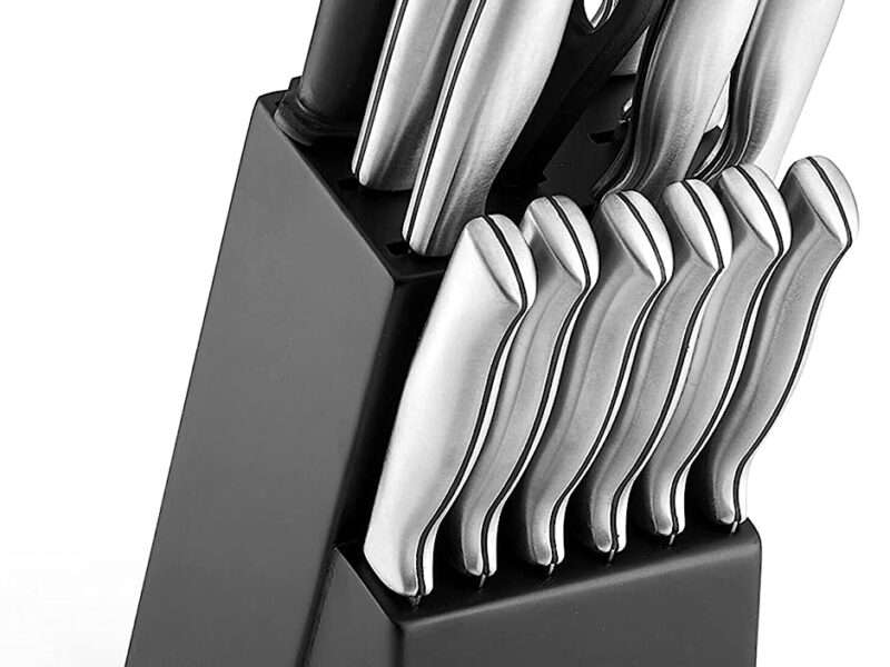Farberware 15-Piece High-Carbon Stamped Stainless Steel Kitchen Knife Block Set with Steak Knives, Razor-Sharp Knife Set with Wood Block, Black