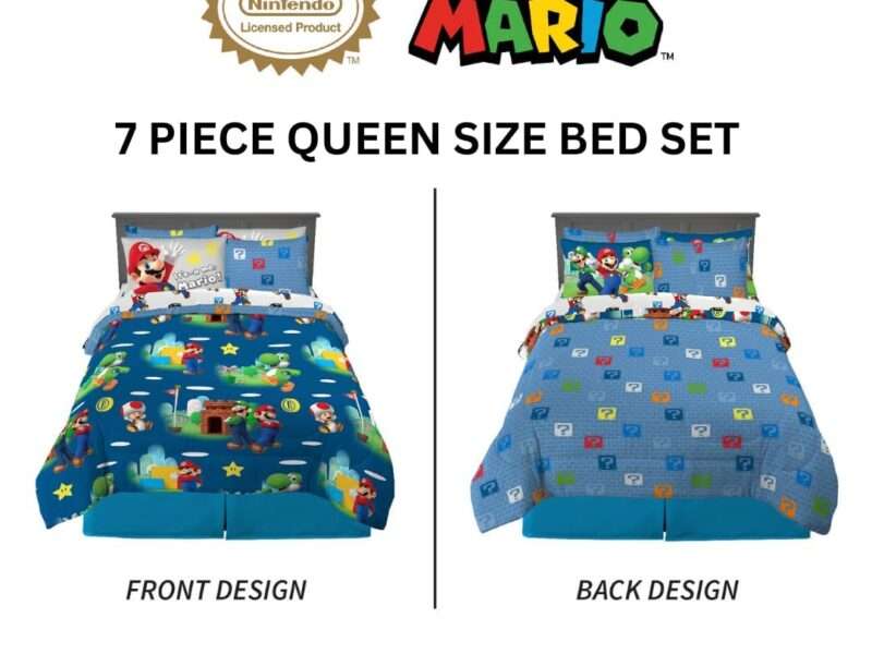 Franco Super Mario Bros. Kids Bedding Super Soft Comforter and Sheet Set with Sham, 7 Piece Queen Size, (Official Licensed Product)