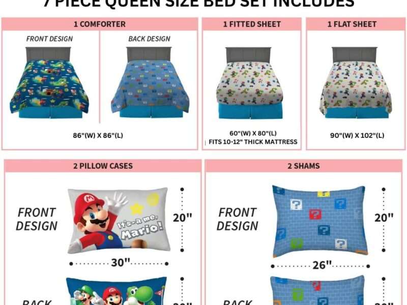 Franco Super Mario Bros. Kids Bedding Super Soft Comforter and Sheet Set with Sham, 7 Piece Queen Size, (Official Licensed Product)