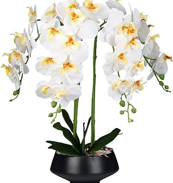 GUMTRE Beautiful Orchids Artificial Flowers Artificial Phalaenopsis Orchid Plant, White Silk Flower Floral Arrangements with Black Pot Flowers Everything is fine