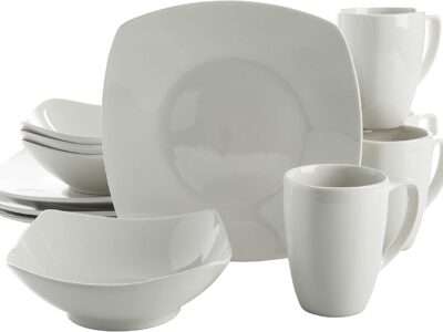 Gibson Home Amelia Court Porcelain Dinnerware set, Service for 4 (12pcs), White (Soft Square)