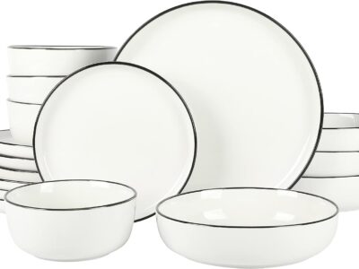 Gibson Home Oslo 16 Piece Porcelain Dinnerware Set, White w-Black Rim, Service for 4 (16pcs)