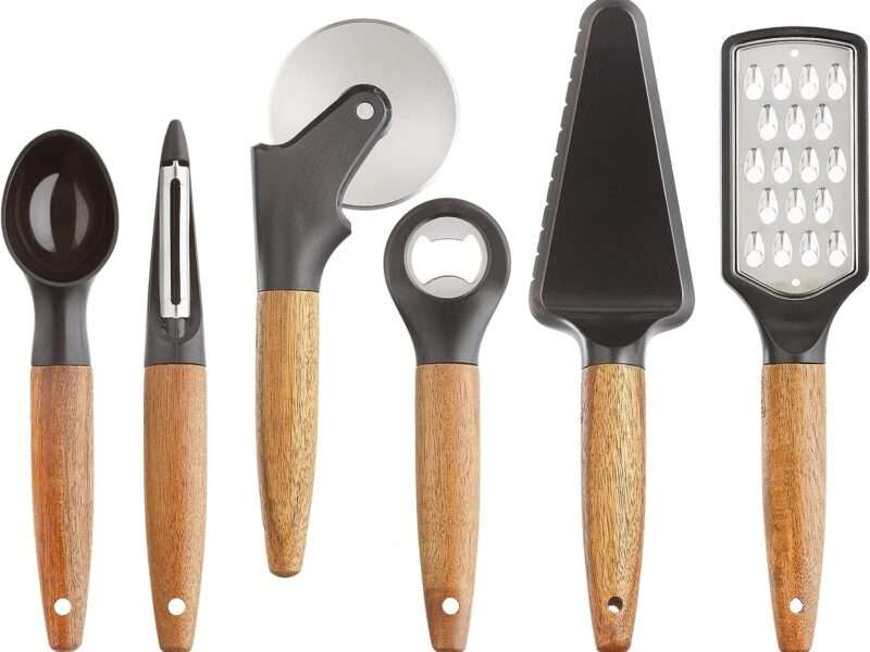 Glad Kitchen Gadget Set with Acacia Wood Handles, 6 Pieces | Black with Stainless Steel Blades | Utensil Tools for Cooking and Serving | Home Essentials